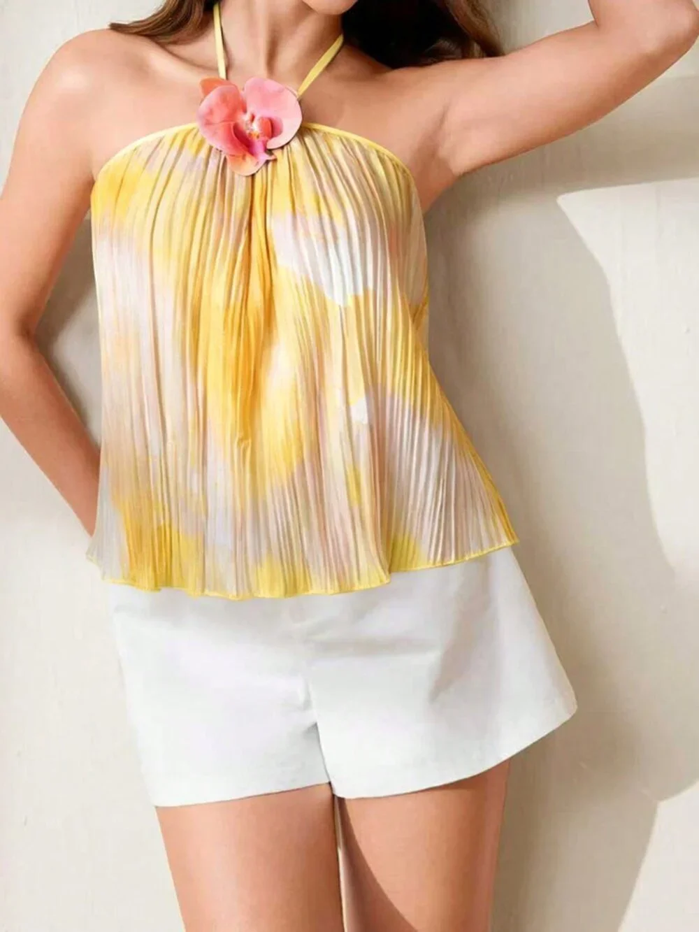 Yellow Casual Women's Knitted Pleated Floral Print Sleeveless Halter Top